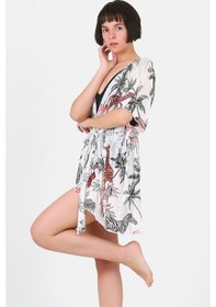 Resim Pareo Plaj Elbisesi Kimono Std Yazlık Oversize Tül Gömlek Kemerli Elbise Tropikal Beyaz 