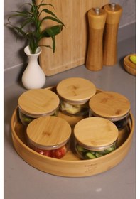 Resim Duo 300 Ml Silikonlu Bambu Kapaklı Cam Kahvaltılık Lüx Kahvaltılık Sunum Seti 