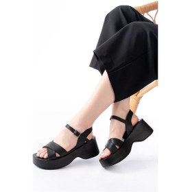Resim 24414-1005 Siyah Günlük Çapraz Dolgu Topuk Kadın Sandalet Altın - Taba 