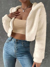 Resim Kadın Ekru Peluş Crop Fitted Kapşonlu Zip Fermuarlı Polar Hırka Sweatshirt Beyaz - Beyaz 