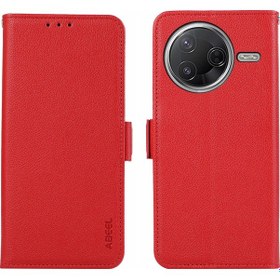 Resim Xiaomi Poco F7 Pro / F7 Ultra Abeel Yan Manyetik Litchi Desenli Deri Rfıd Telefon Kılıfı Kırmızı 