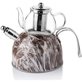 Resim Nishev Mermer Düdüklü Çelik Cam Çaydanlık Takımı Açık Kahve Kahverengi 