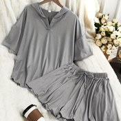 Resim Kadınlar için Rahat Düz Renk Kapüşonlu ve Bağcıklı Şort Takımı - Kısa Kollu, Yarım Yüksek Yaka, Açık Gri, Polyester, Bahar/Yaz Modası, Rahat Kıyafet|Minimalist Kıyafet|Polyester Kumaş 