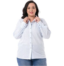 Resim Büyük Beden Katlamalı Kollu Geniş Manşetli Mavi Çizgili Gömlek 