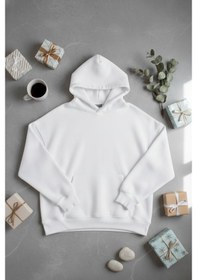 Resim Unisex Beyaz Kapüşonlu Sweat Rahat Kalıp 3 İplik Kumaş Beyaz 