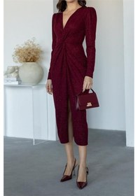 Resim Dip Moda Kadın Büzgü Detaylı Simli Gece Elbisesi Dpnbmy3633 Bordo 