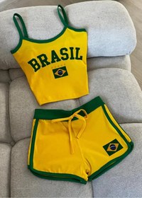 Resim Violon Kadın Y2k Brasil Sarı Askılı Crop Şort Takım 