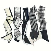 Resim 5'li Paket 33-Inç (84cm) Siyah ve Beyaz Çizgili Moda Eşarpları, Kadınların Yeni Boyun Eşarpları, Çanta Dekor Aksesuarları, Retro Basit Stil ile Bağcıklar, Günlük Kullanım Saç Bantları, Polyester, Baskılı, Tüy Değil, Yıl Dönümü Hediyesi 