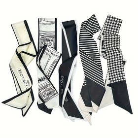 Resim 5'li Paket 33-Inç (84cm) Siyah ve Beyaz Çizgili Moda Eşarpları, Kadınların Yeni Boyun Eşarpları, Çanta Dekor Aksesuarları, Retro Basit Stil ile Bağcıklar, Günlük Kullanım Saç Bantları, Polyester, Baskılı, Tüy Değil, Yıl Dönümü Hediyesi 