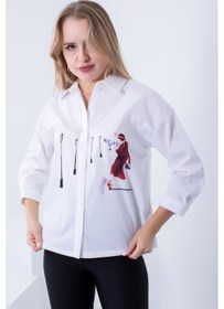 Resim Kadın Büyük Beden Poplin Kumaşa Baskılı Truvakar Kollu Gömlek Çok Renkli 