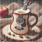 Resim 29.97 cm Gitar Kahve Kupa - Yuvarlak Elmaslarla El Yapımı Mozaik Sanat, Müzik Temalı Ev Dekoru İçin Çerçevesiz Dairesel Tuval Sanatı, Müzisyenler ve Kahve Severler için Yaratıcı Hediye 