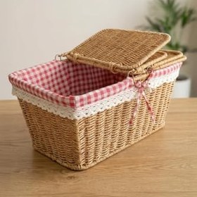 Resim Digithome Kapaklı Rattan Vintage Dantelli Dikdörtgen Piknik Sepeti -9T14 U/6 