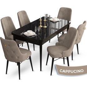 Resim Canisa Concept Taç Serisi 80X132 Açılabilir Siyah Mermer Desen Masa Takımı 6 Sandalye Gold Halkalı 