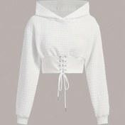 Resim Şık Kadın Beyaz Kapüşonlu Sweatshirt - Şık Uzun Kollu Kırpma Üst, Bağcıklı & Dantel Detaylı, Polyester Karışımı, Makinede Yıkanabilir - İlkbahar/Sonbahar İçin Mükemmel 
