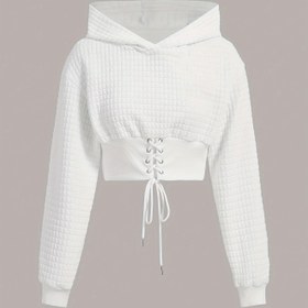 Resim Şık Kadın Beyaz Kapüşonlu Sweatshirt - Şık Uzun Kollu Kırpma Üst, Bağcıklı & Dantel Detaylı, Polyester Karışımı, Makinede Yıkanabilir - İlkbahar/Sonbahar İçin Mükemmel 