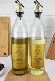 Resim DigitHome Lombardino Vetro 2'li Zeytinyağı ve Sıvıyağ Şişesi Gold Etiketli Yağdanlık 1000 Ml SH-0024 