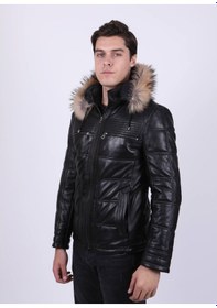 Resim New Zaya Leather Erkek Şişme Deri Ceket Siyah 