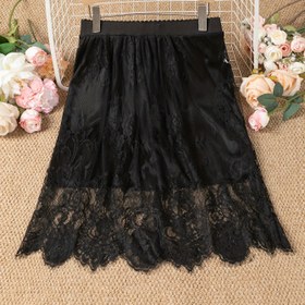 Resim 60cm A Kesim Yüksek Bel Dantel Midi Etek - Güvenlik Astarı, Siyah & Beyaz Geometrik Kontrast Dantel Kenar, Asimetrik Kıyafet, Her Mevsime Uygun Günlük ve Resmi Giyim için Şık Detaylı Dantel Etek 