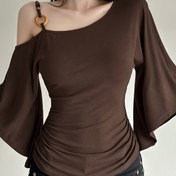 Resim Kadınlar için Yaz Sokak Modası - Vintage Esintili Omuzdan Askılı Boncuklu Batwing Kollu Üst - Dar Kesim, Beli Sıkılaştırıcı, Uzun Kollu, Düz Kahverengi, Kadınlar için Vintage T Şalları 