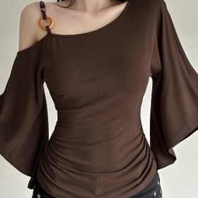 Resim Kadınlar için Yaz Sokak Modası - Vintage Esintili Omuzdan Askılı Boncuklu Batwing Kollu Üst - Dar Kesim, Beli Sıkılaştırıcı, Uzun Kollu, Düz Kahverengi, Kadınlar için Vintage T Şalları 