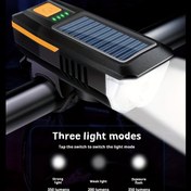 Resim Güç Göstergeli 1 Adet Güneş Enerjili Bisiklet Korna Işığı, T6 Parlak LED Ön Işık, USB Şarj Edilebilir, Yüksek Desibel Korna, Çeşitli Işık Modları (350/200 Lümen) 