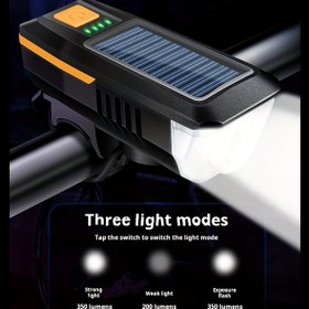 Resim Güç Göstergeli 1 Adet Güneş Enerjili Bisiklet Korna Işığı, T6 Parlak LED Ön Işık, USB Şarj Edilebilir, Yüksek Desibel Korna, Çeşitli Işık Modları (350/200 Lümen) 