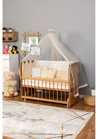 Resim Ahşap Beşik Anne Yanı Beşik Vernikli 60x120 - Krem Nakış Yazısız Uyku Seti + Yatak Ahşap 