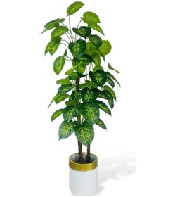 Resim Yapay Çiçek Difenbahya Sarı Yeşil 3katlı 160cm 54yaprak Gold Kemerli Beyaz Saksıda Yapay Bitki 