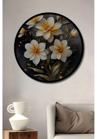 Resim Büyülü Beyaz Çiçek Sulu Boya Görünümlü Ahşap Tablo Yuvarlak Duvar Tablosu Çerçeve Görünümlü--- 45 X 45 