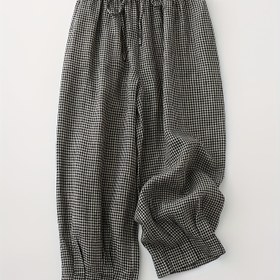 Resim Kadınlar için Vintage Esintili Küçük Ekose Harem Pantolon - Yazlık Rahat Giyim İçin Elastik Bel, Serbest Kesim, Nefes Alabilen Kumaş, Siyah & Beyaz Kare Deseni, Konforlu Günlük Kıyafet, Retro Ekoseli Pantolon, Pürüzsüz Dokulu Yüzey 