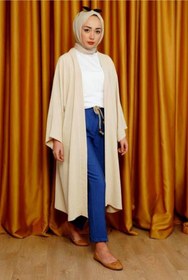 Resim CNG MODA Kadın Bej Ayrobin Kuşaklı Kimono Düz Kimona 