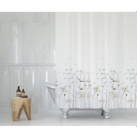 Resim Banyo Perdesi Papatya Desen Duş Perdesi Tek Kanat Banyo Perdeleri Beyaz 