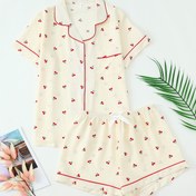 Resim Kadın Tatlı Kiraz Desenli Pijama Takımı, Kısa Kollu Düğmeli Rahat Cardigan ve Şort, 2 Parça Kıyafet. 