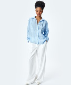 Resim Klasik Yaka Uzun Kollu Viskon Çizgili Oversize Gömlek 