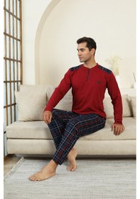 Resim Enisena Erkek %100 İnterlok Pamuk Kumaş Ekose Bloklu Pijama Takımı 12481 Bordo 