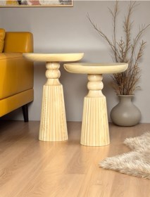 Resim ASELYA HOME Doğal Ahşap 2’li Set Mantar Yan Sehpa Modern Vernikli Fiskos Zigon Çiçeklik 