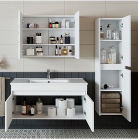 Resim banos Roomart Tm3 Ayaksız 2 Kapaklı Lavabolu Beyaz Mdf 100 Cm Banyo Dolabı Aynalı Üst Dolap Boy Dolabı 