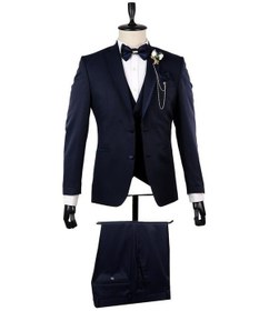 Resim İmza Koyu Lacivert Desenli Mono Yaka Astarlı Yelekli 6 Drop Slim Fit Dar Kesim Smokin Damatlık 1001210100-Lacivert 