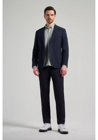 Resim İmza Çizgili Desen Gofreli Mono Yaka Esnek 6 Drop Slim Fit Ceket 1002250122 Koyu Lacivert 