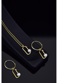 Resim Papatya Silver 925 Ayar Gümüş Gold Kaplama Dorika Toplu İncili Ataç Kolye ve Küpe Set 