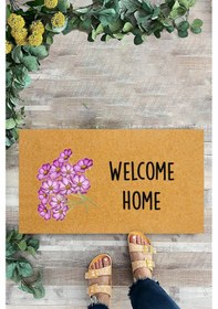 Resim Welcome Home, Mor Çiçekler, İç Ve Dış Kapı Önü Paspası, Dekoratif 