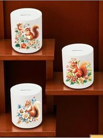 Resim Sincap ve Çiçek Deseni Baskılı 3'lü Seramik Kumbara 