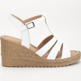 Resim Kadın Dolgu Topuk Sandalet Ayakkabı Beyaz 3 Bantlı Baretli-3938 Beyaz 