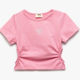 Resim Koton Pencere Detaylı Bisiklet Yaka Kısa Kollu Pamuklu Crop Bluz Pembe 5skg60011ak Gül Gülkurusu 
