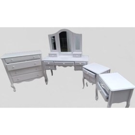 Resim Ankara Mobilya Makyaj Masa 12550 7Çekme SET Kanat ayna Puf Modl Kayın Aslan Ayk Komod Beyaz Lake 