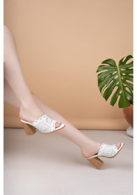 Resim Nesilshoes Myshoes 2200 Beyaz Hakiki Soft Deri Kadın Topuklu Terlik 