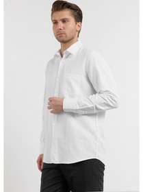Resim İmza Beyaz Kendinden Desenli Sert Yaka Uzun Kol Cepli Comfort Fit Pamuklu Gömlek 1004255206 