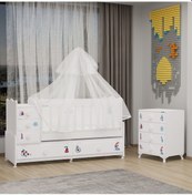 Resim Melina Mdf Çıtalı Beşik Ve Şifonyer+ Yatak + Uyku Seti- Denizci Beyaz 