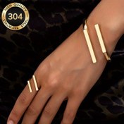 Resim Şık 2 Parça Ayarlanabilir Geometrik Takı Seti - 304 Paslanmaz Çelik Bileklik ve Yüzük Kombini, Kadınlar İçin Günlük Kullanım ve Hediye İçin Mükemmel 