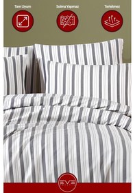 Resim Saten Çizgili Çift Kişilik Lüks Nevresim Takımı Set 200x200 Cm Gri 